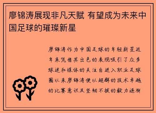 廖锦涛展现非凡天赋 有望成为未来中国足球的璀璨新星
