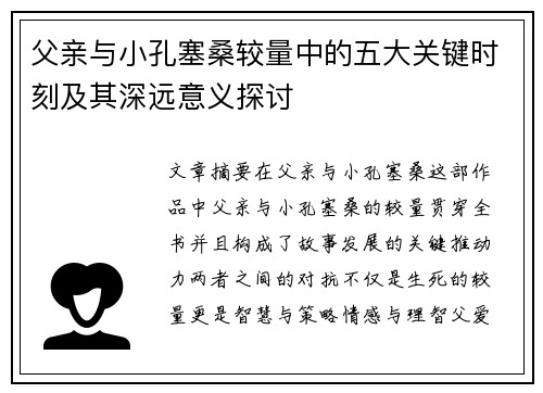 父亲与小孔塞桑较量中的五大关键时刻及其深远意义探讨