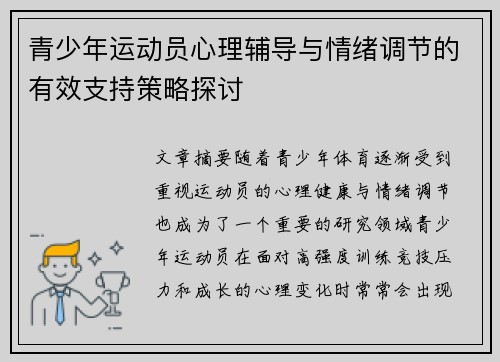 青少年运动员心理辅导与情绪调节的有效支持策略探讨